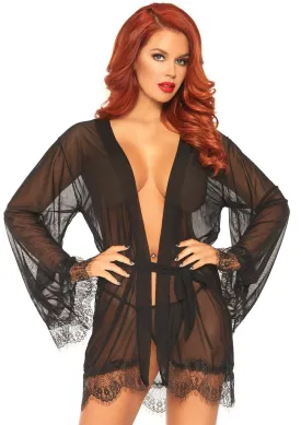 3 Pc Sheer Short Robe With Eyelash Lace Trim and Flared Sleeves - Black - S/m