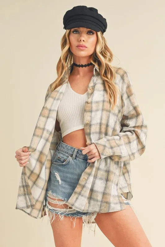 Aemi   Co Washed Plaid Flannel Side Step Hem Shirt