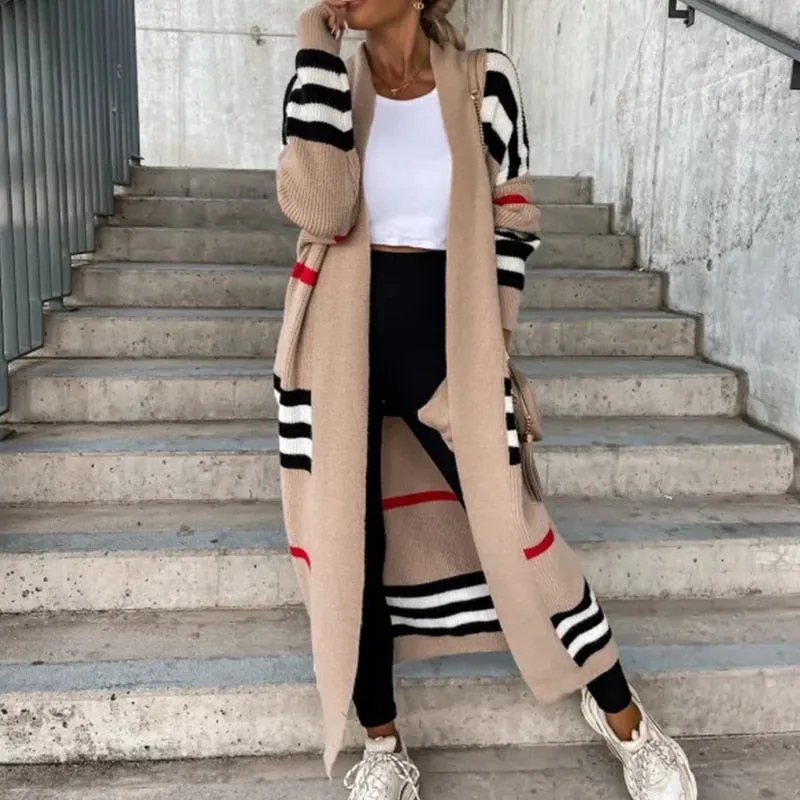 Amy Fashion - Casual Striped Color Matching Knitted Long Sweaters Cardigan