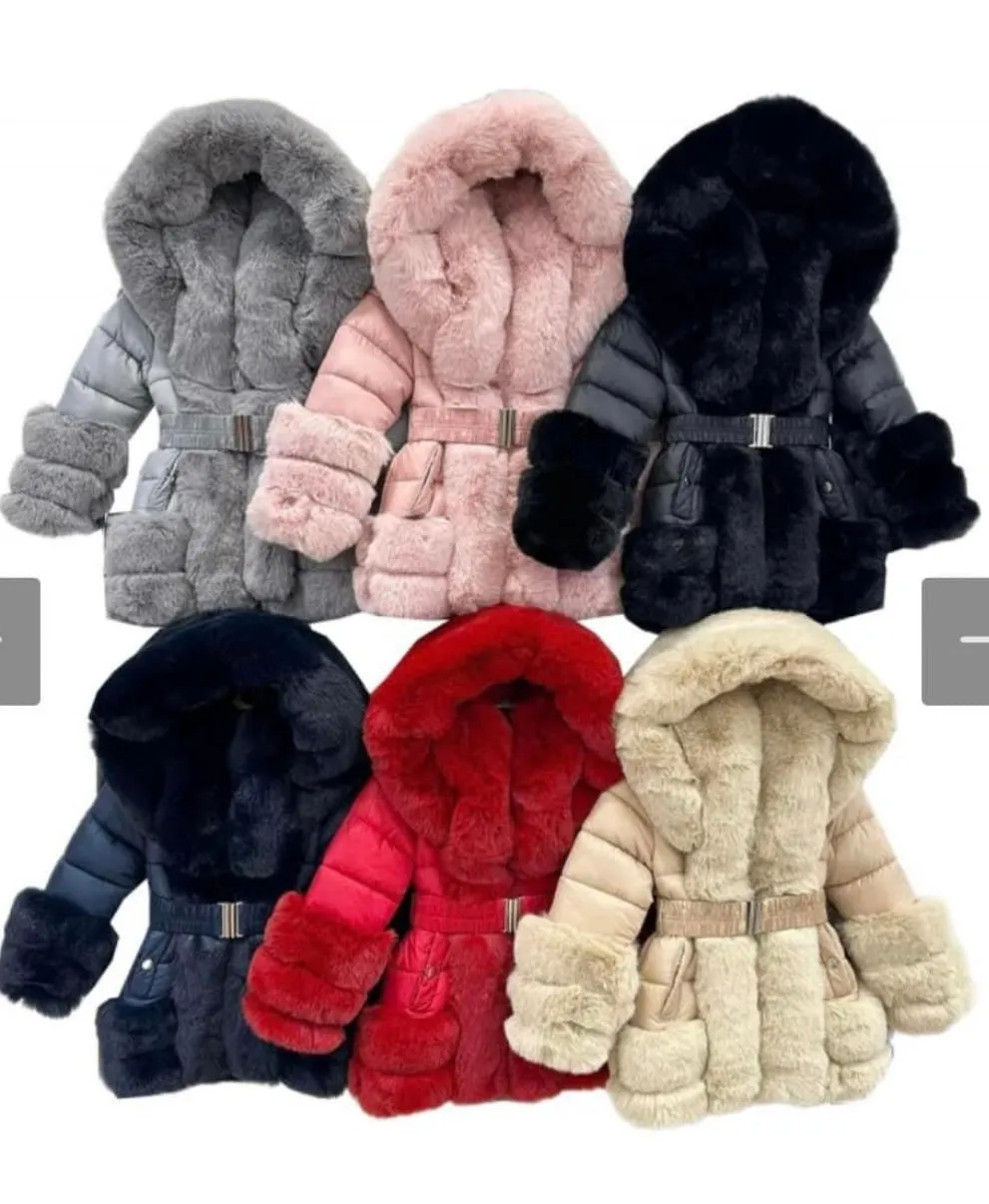 AW24 Girls Faux Fur Hooded Coat PINK In-Stock