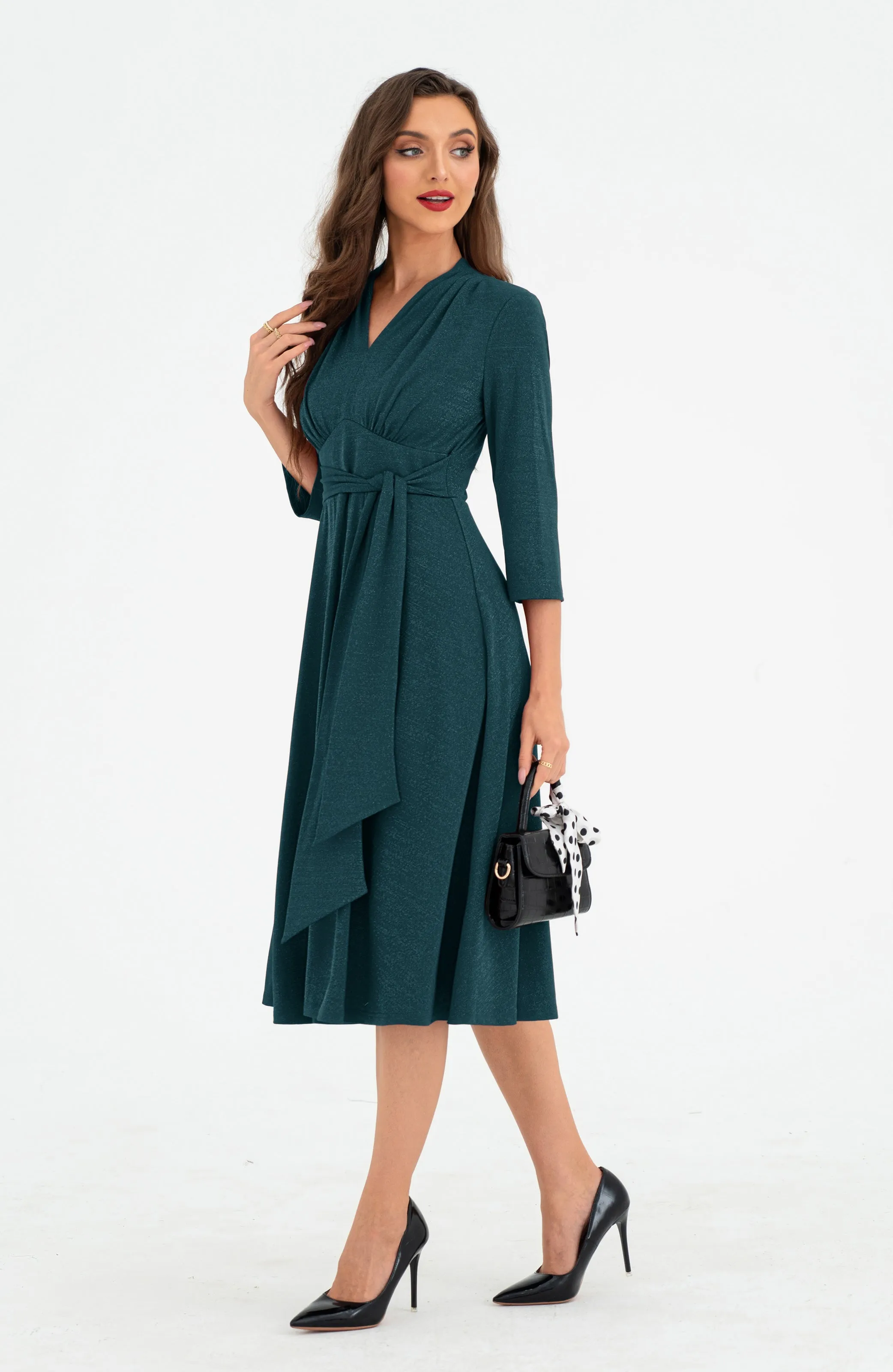 BP Women Vintage Empire Waist Dress 3/4 Sleeve V-Neck Flared A-Line Dress