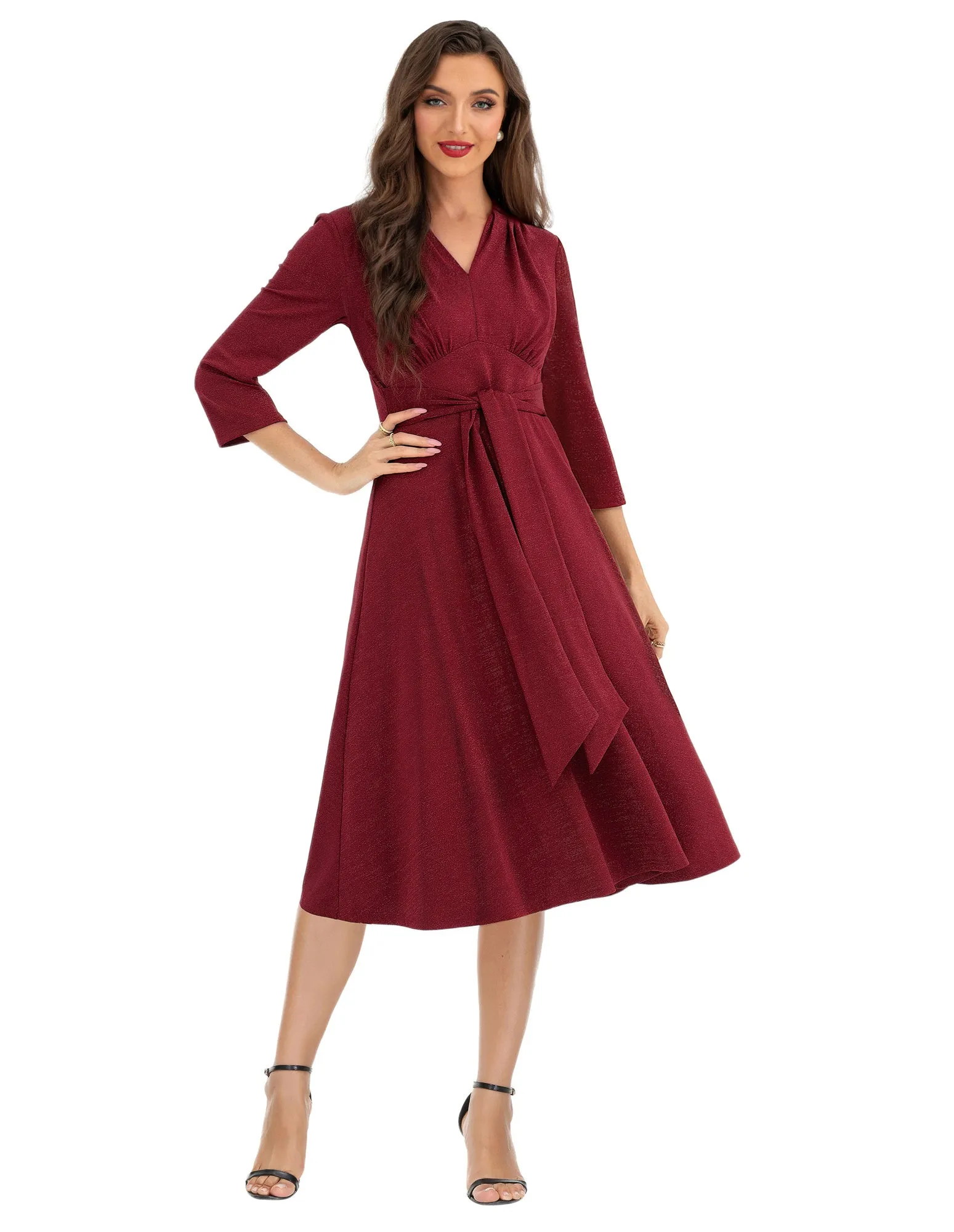 BP Women Vintage Empire Waist Dress 3/4 Sleeve V-Neck Flared A-Line Dress