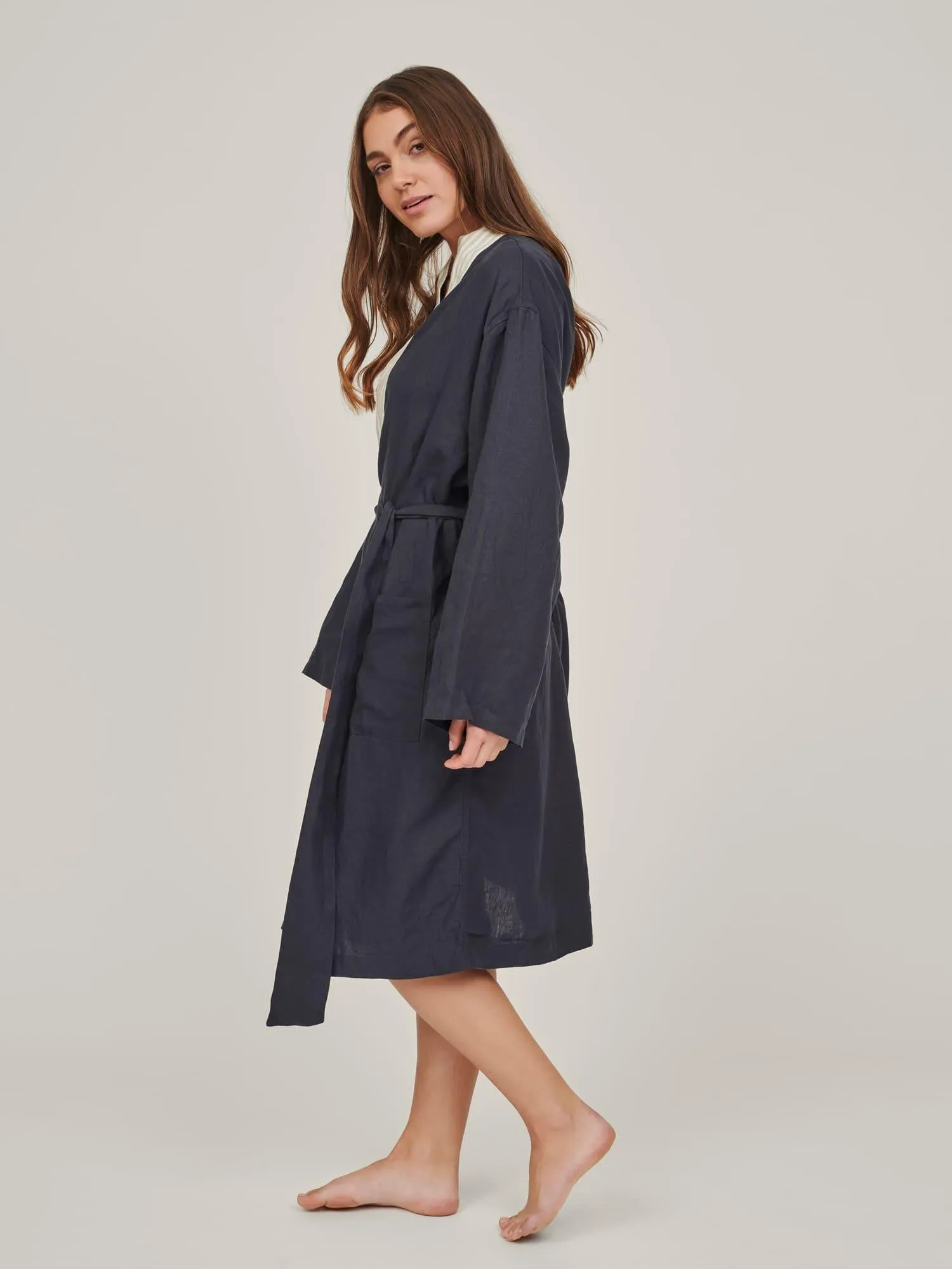 Custom Linen Robe in Navy   Stripes