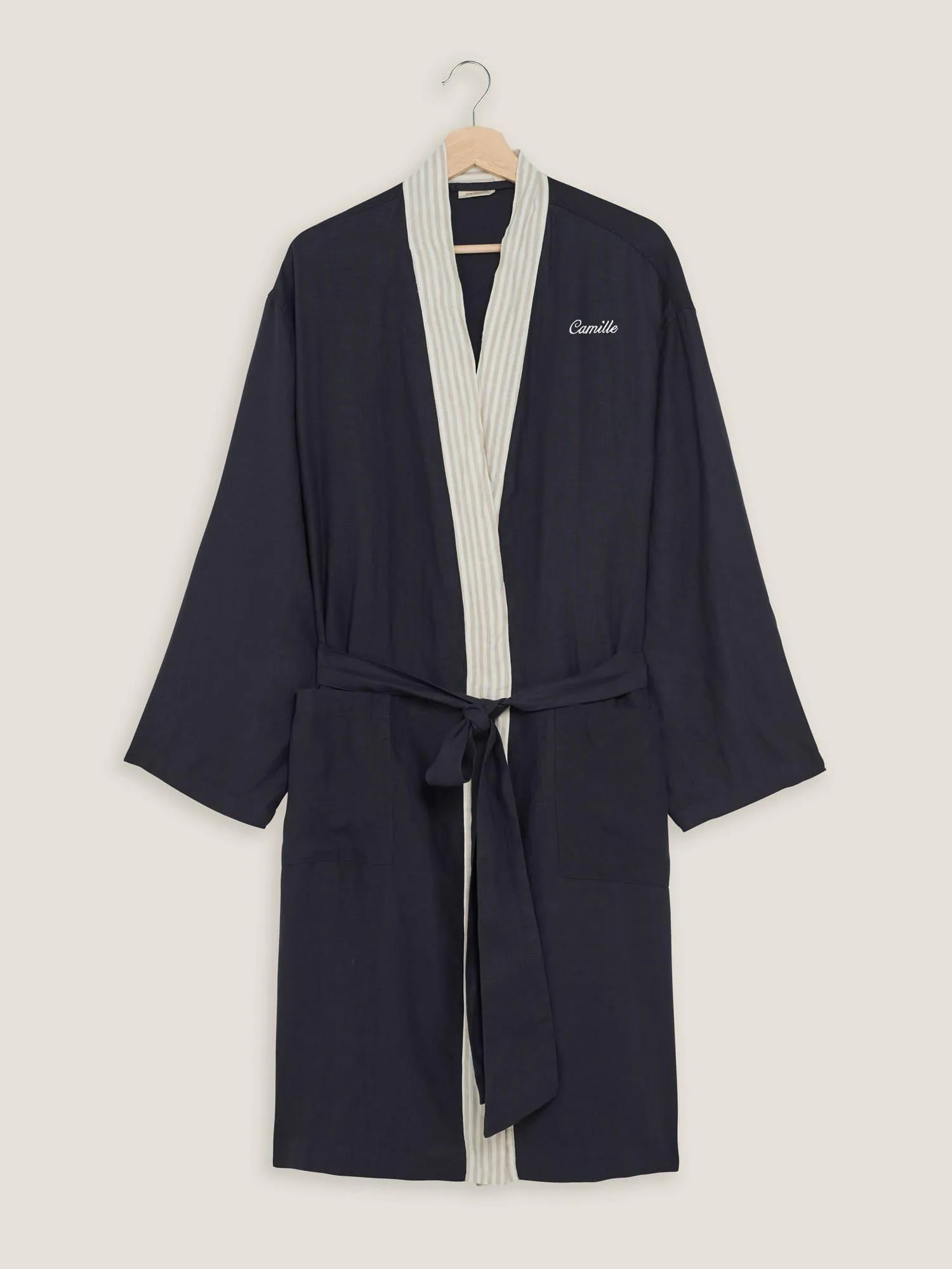 Custom Linen Robe in Navy   Stripes