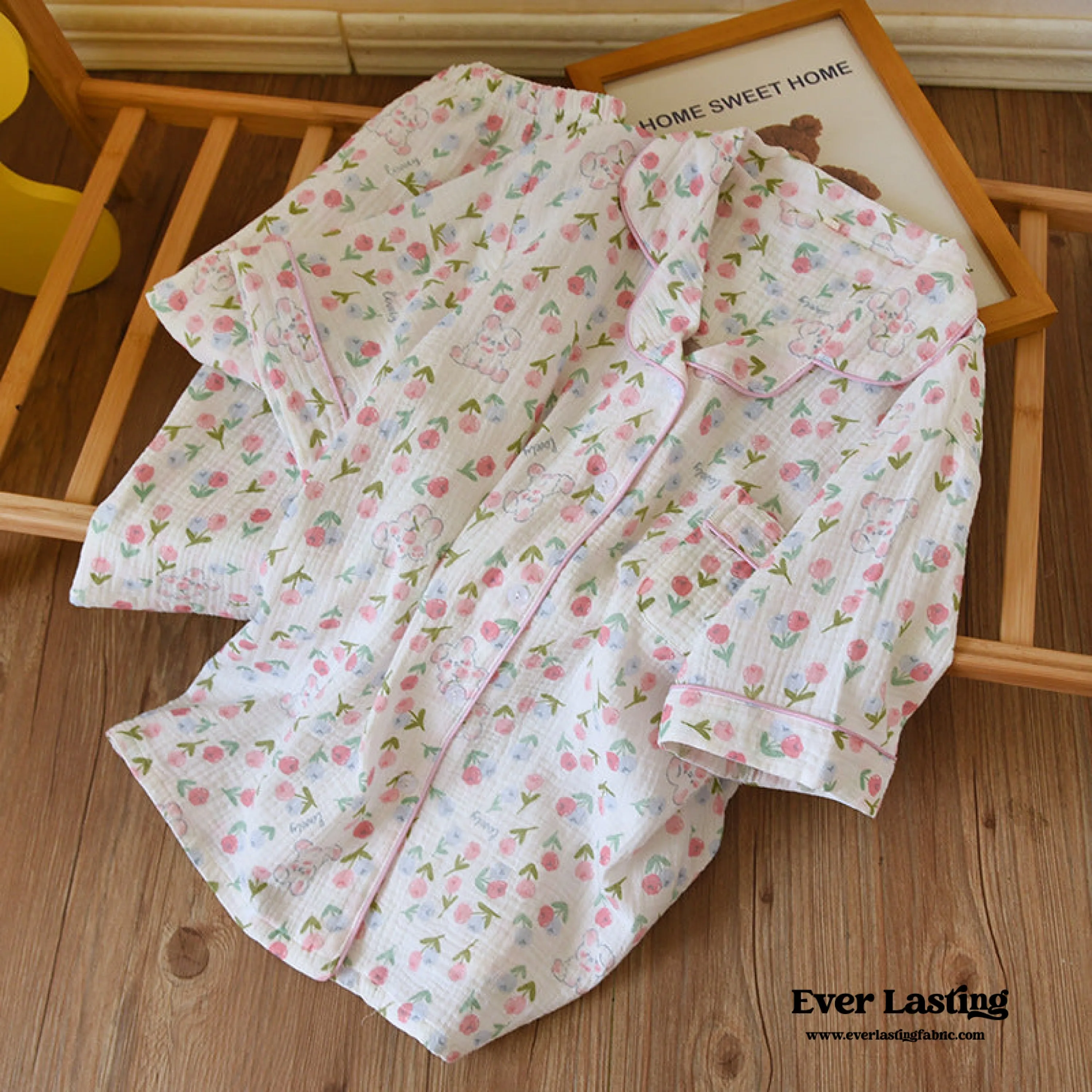 Floral Garden Short Sleeves and Pants Cotton Pajama Set / Beige