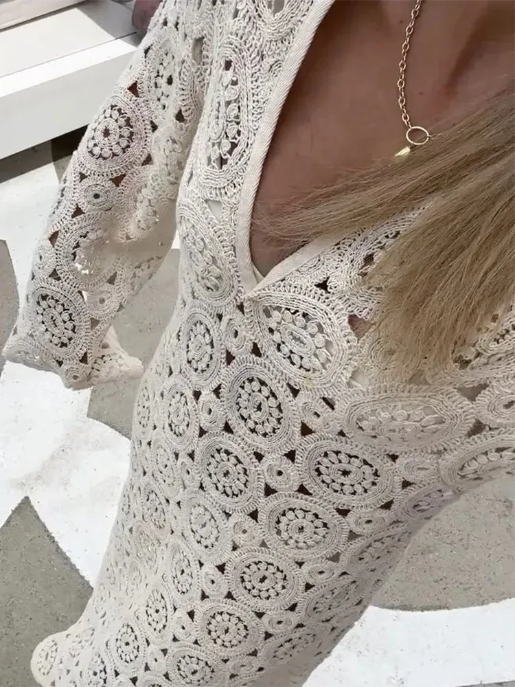 Girlary Crochet Flower Hollowed Out Midi Dress Women 2024 New V Neck Flare Sleeves Loose Robes Female Fashion Vacation Beach Vestidos