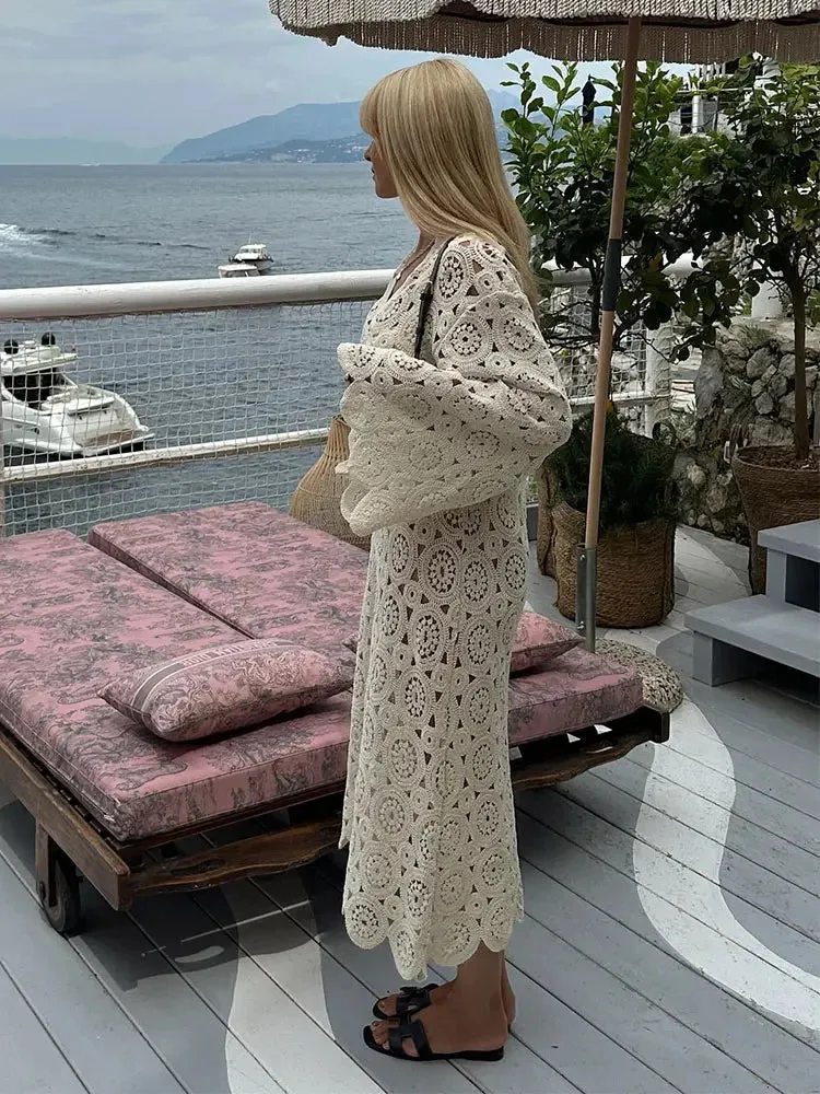 Girlary Crochet Flower Hollowed Out Midi Dress Women 2024 New V Neck Flare Sleeves Loose Robes Female Fashion Vacation Beach Vestidos