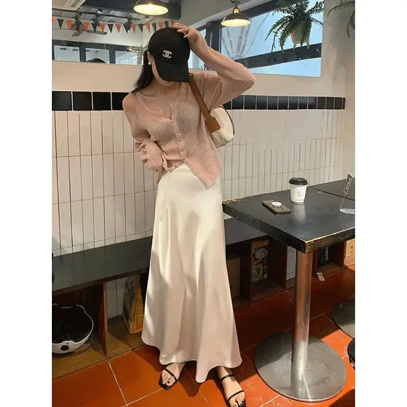 Girlary Elegant White Satin Skirt Women Ruffle Luxury Korean Fashion Long Skirts Solid Casual Slim Up Streetwear A-line Skirt