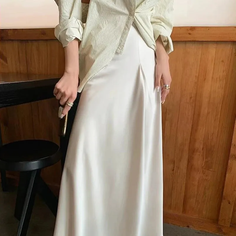 Girlary Elegant White Satin Skirt Women Ruffle Luxury Korean Fashion Long Skirts Solid Casual Slim Up Streetwear A-line Skirt