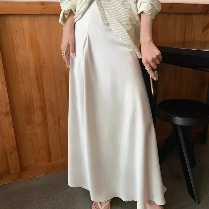 Girlary Elegant White Satin Skirt Women Ruffle Luxury Korean Fashion Long Skirts Solid Casual Slim Up Streetwear A-line Skirt