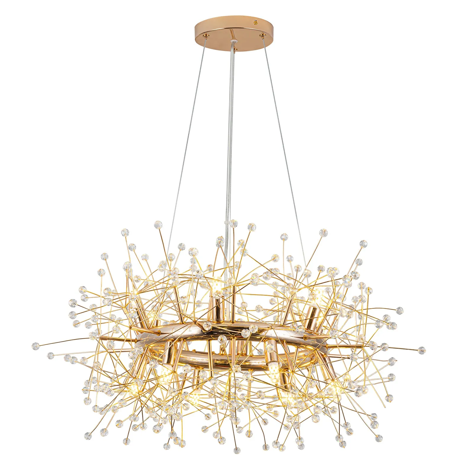 Glowlings 12-Light 29"Wide French Vintage Wagon Wheel Round Dandelion Shape Sputnik Crystal Chandelier
