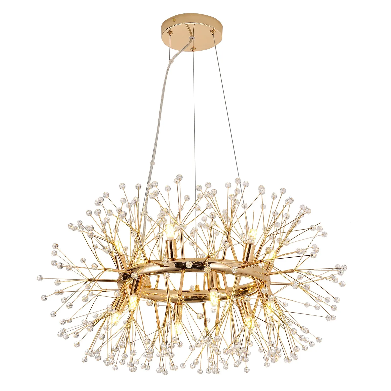 Glowlings 12-Light 29"Wide French Vintage Wagon Wheel Round Dandelion Shape Sputnik Crystal Chandelier