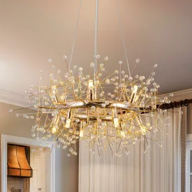 Glowlings 12-Light 29"Wide French Vintage Wagon Wheel Round Dandelion Shape Sputnik Crystal Chandelier