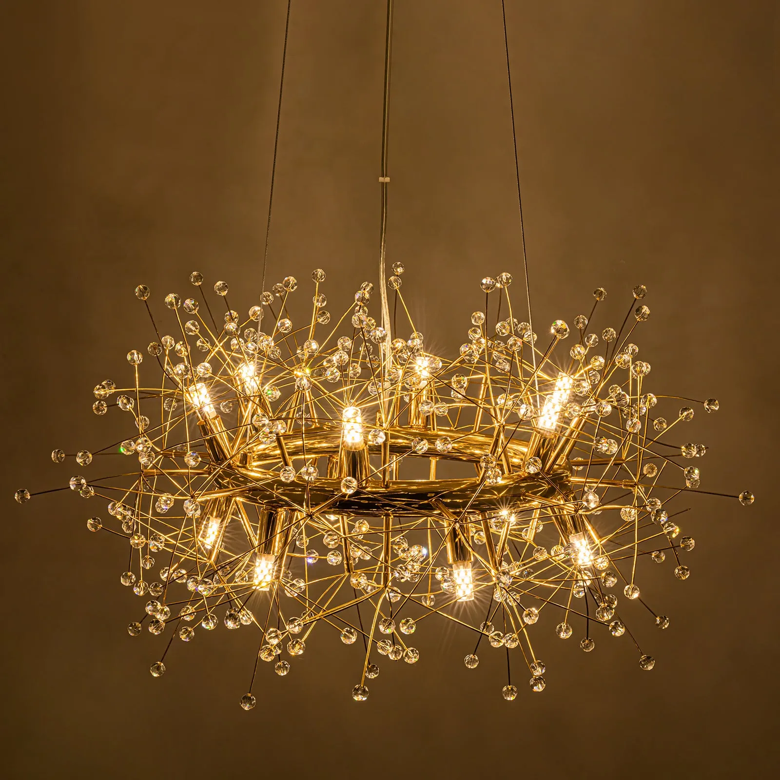 Glowlings 12-Light 29"Wide French Vintage Wagon Wheel Round Dandelion Shape Sputnik Crystal Chandelier