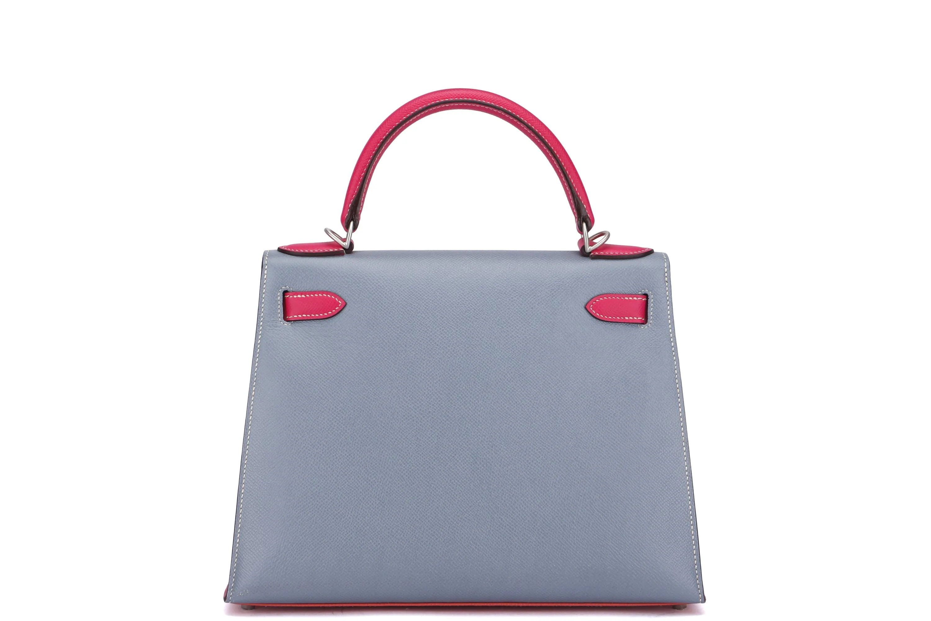 HERMES KELLY 28CM HSS SELLIER (STAMP T (2015)) TRI-COLOR FLAMINGO, ROSE TYRIEN & BLUE GLACIER, BRUSHED SILVER HARDWARE,  WITH KEYS, LOCK, STRAP, RAINCOAT & DUST COVER