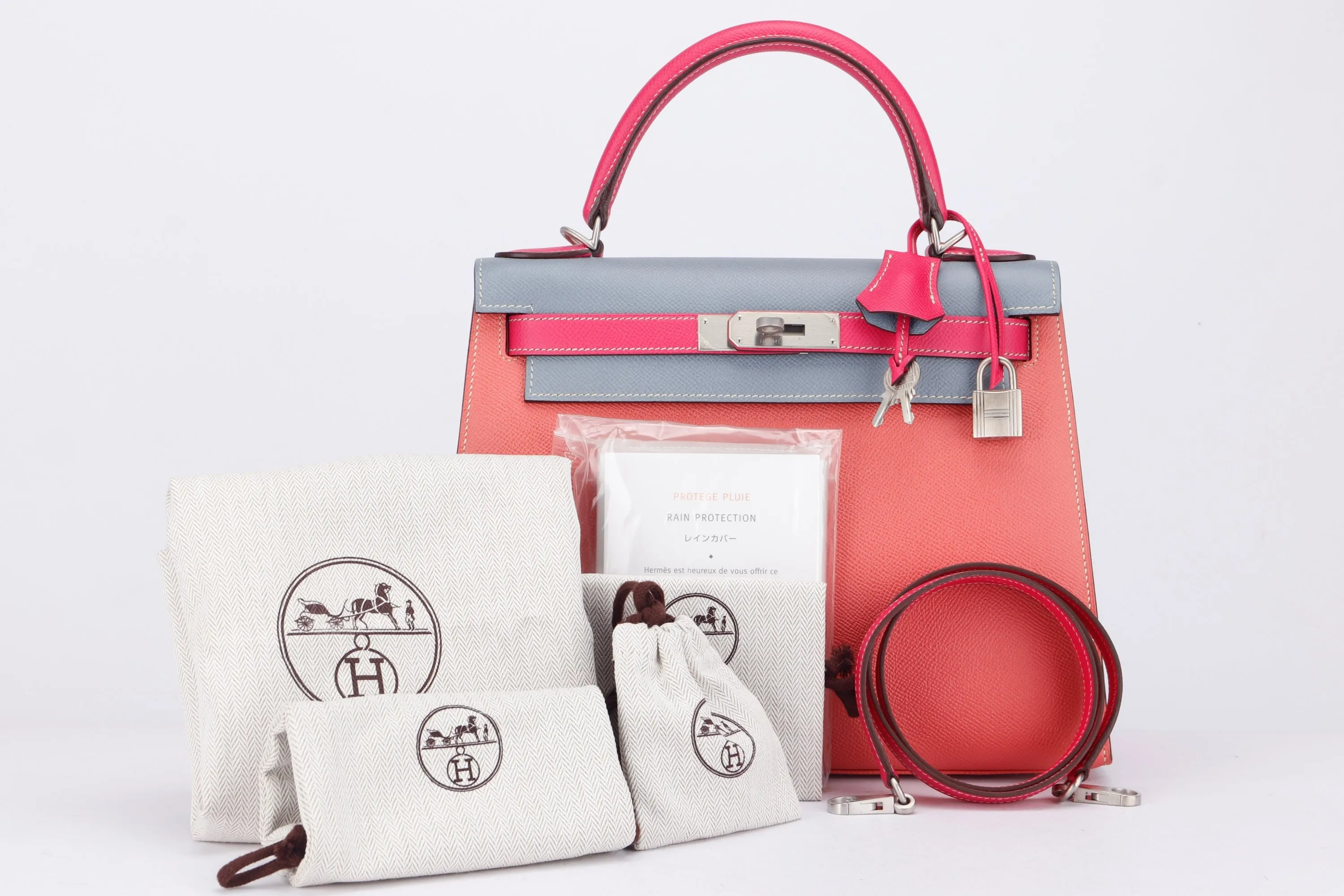 HERMES KELLY 28CM HSS SELLIER (STAMP T (2015)) TRI-COLOR FLAMINGO, ROSE TYRIEN & BLUE GLACIER, BRUSHED SILVER HARDWARE,  WITH KEYS, LOCK, STRAP, RAINCOAT & DUST COVER