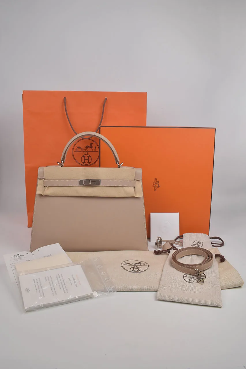 Hermes Kelly 32 Argile Grain D’H Calfskin PHW Chevre Lining Stamp Q