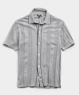 Italian Cotton Silk Tipped Ribbed Button Down Polo Sweater in Heather Grey