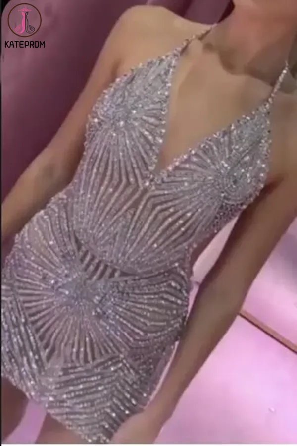 Kateprom Sexy Sparkly Halter Mermaid Short Prom Dresses, Backless V neck Cocktail Dresses KPP1325