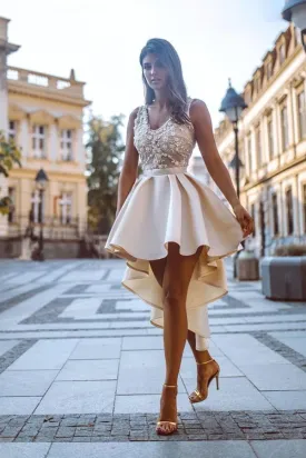 Kateprom Simple High Low V Neck Lace Satin Homecoming Dresses Straps Short Cocktail Dresses KPH0561