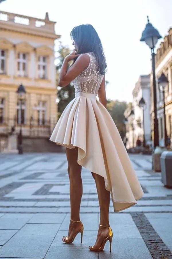 Kateprom Simple High Low V Neck Lace Satin Homecoming Dresses Straps Short Cocktail Dresses KPH0561