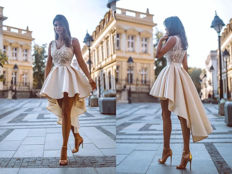 Kateprom Simple High Low V Neck Lace Satin Homecoming Dresses Straps Short Cocktail Dresses KPH0561