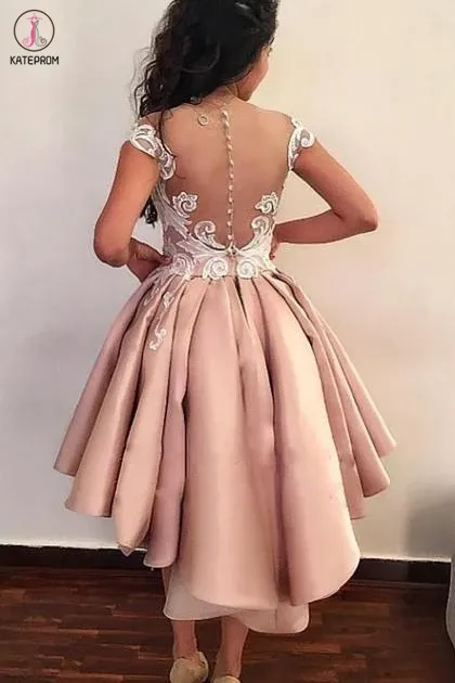 Kateprom Unique Cap Sleeves High Low Sheer Neck Homecoming Dress, Cocktail Dresses with Lace KPH0526