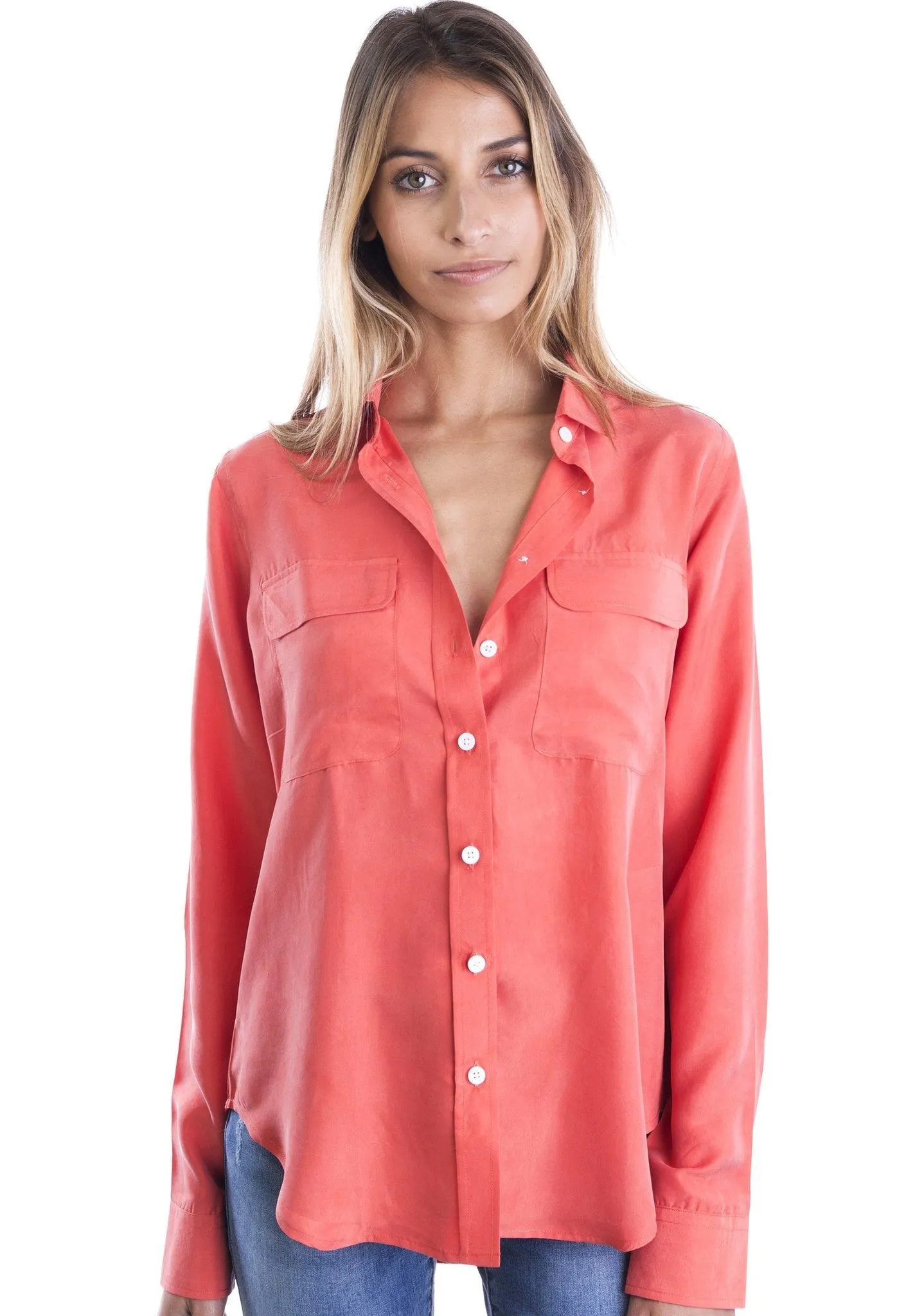 Lete-Silk Coral Relaxed Fit Sand Washed Silk Shirt