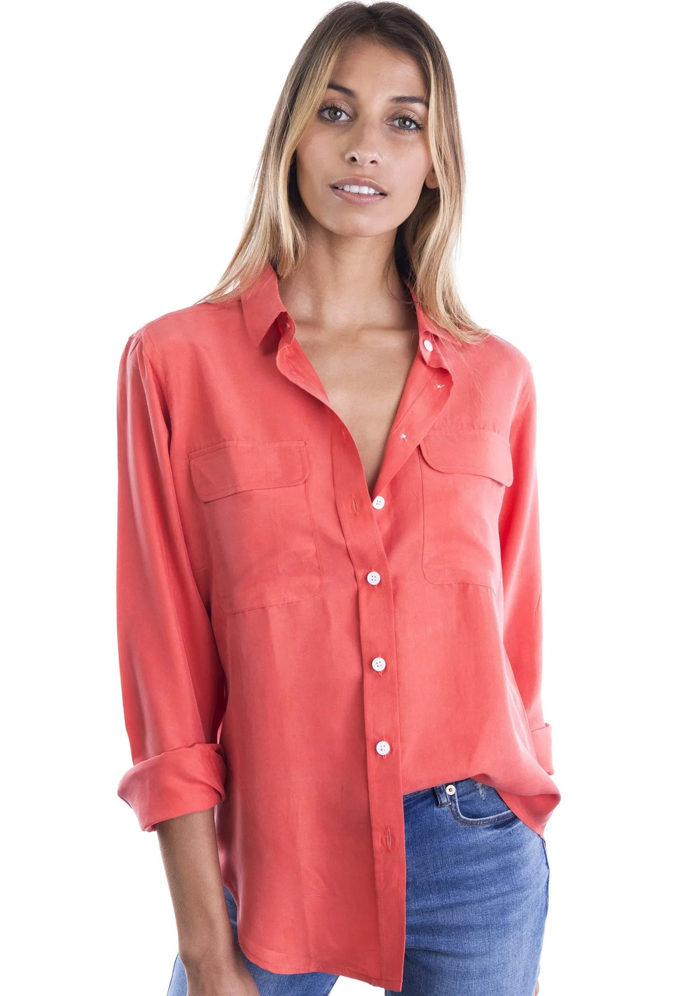Lete-Silk Coral Relaxed Fit Sand Washed Silk Shirt