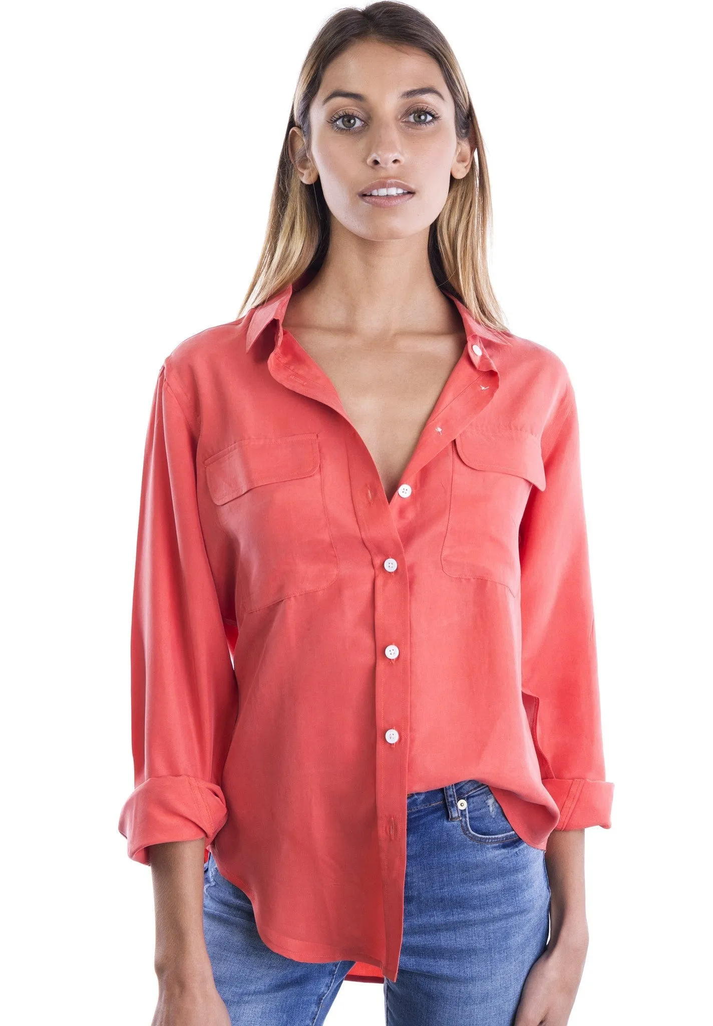 Lete-Silk Coral Relaxed Fit Sand Washed Silk Shirt