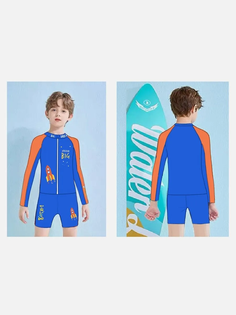 Little Surprise Box,2 pcs Shirt & Shorts set LSB Blue & Orange Space Swimwear Knee length for Kids with UPF 30 