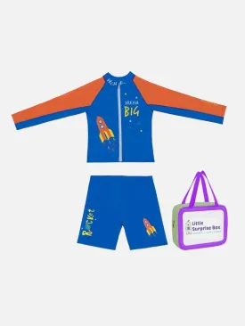 Little Surprise Box,2 pcs Shirt & Shorts set LSB Blue & Orange Space Swimwear Knee length for Kids with UPF 30 