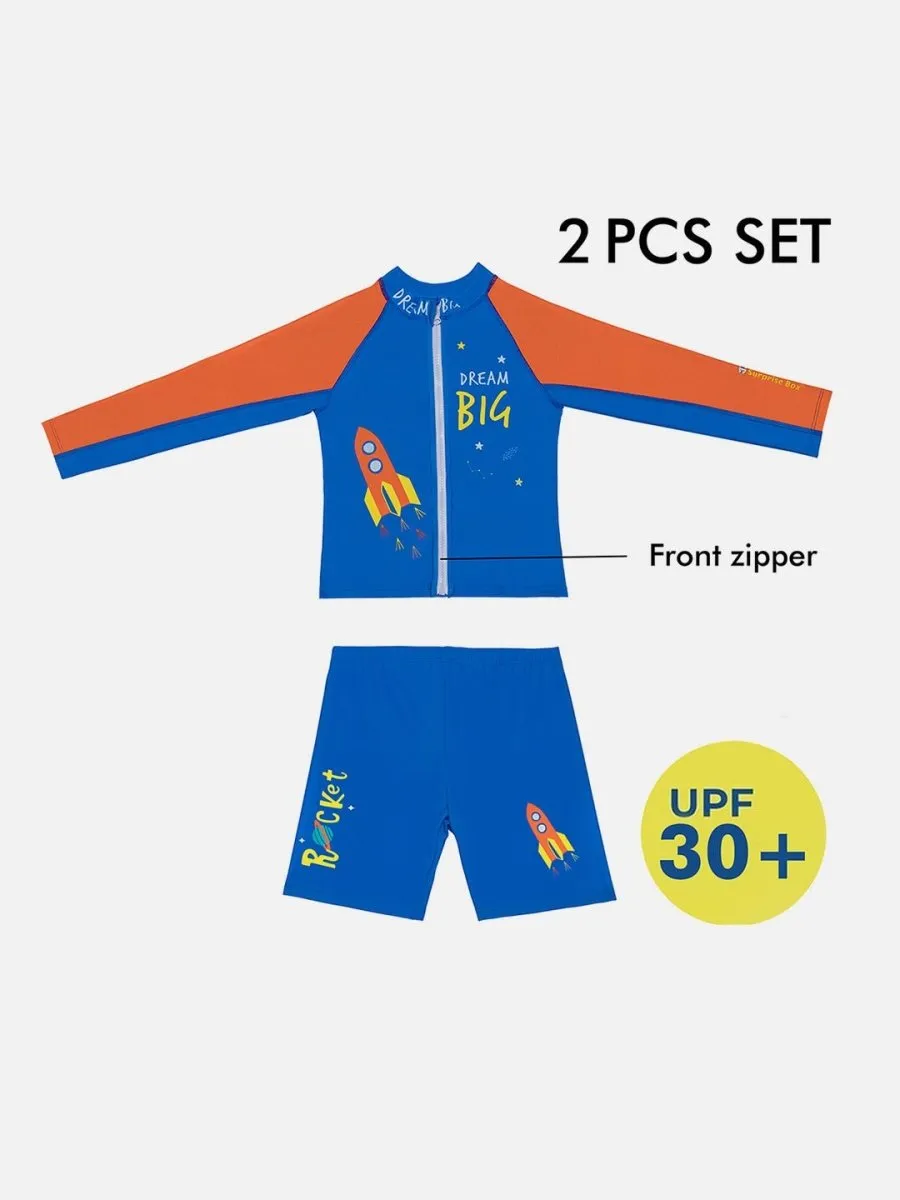 Little Surprise Box,2 pcs Shirt & Shorts set LSB Blue & Orange Space Swimwear Knee length for Kids with UPF 30 