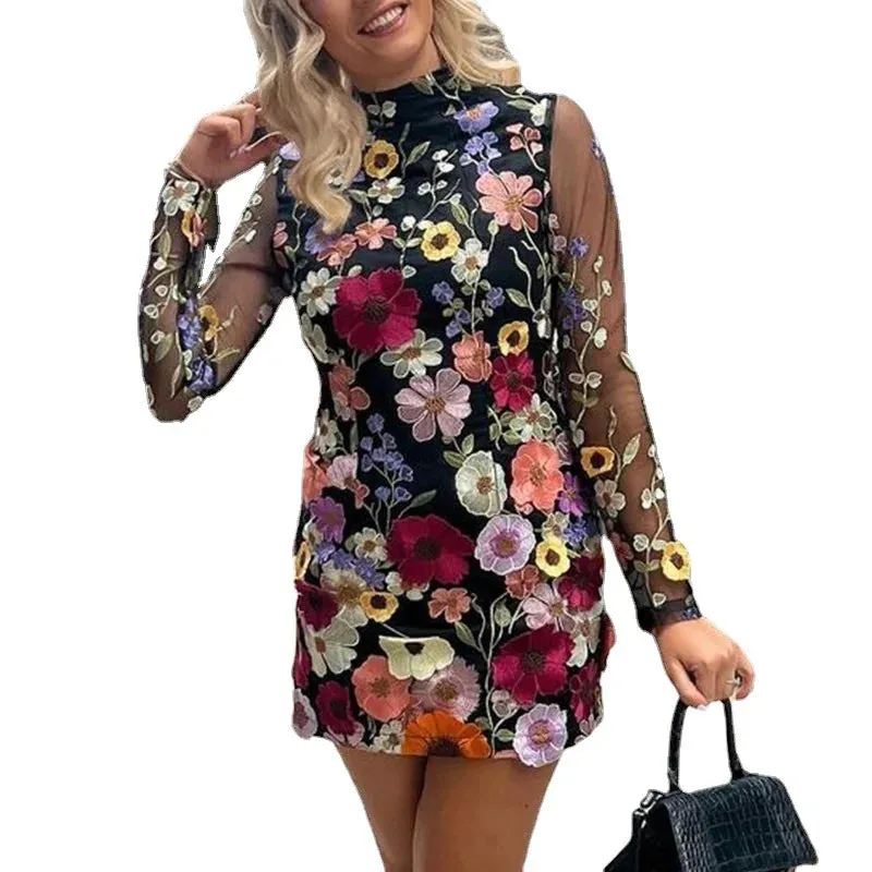 LVSANW 2024 Direct Sales Private Dress Celebrity Three-dimensional Flower Mesh Lace Embroidery Hip-covering  Slimming Dress