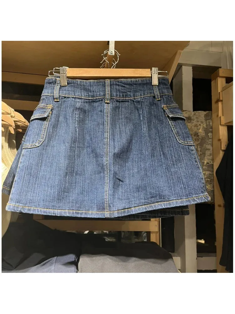 LVSANW Casual Women Fashion Blue Denim Mini Skirts 2024 Summer Vintage High Waist Side Pockets Female Bottoms Mujer