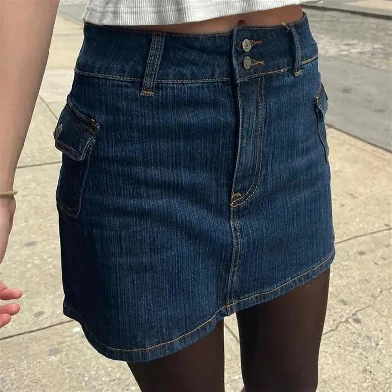 LVSANW Casual Women Fashion Blue Denim Mini Skirts 2024 Summer Vintage High Waist Side Pockets Female Bottoms Mujer