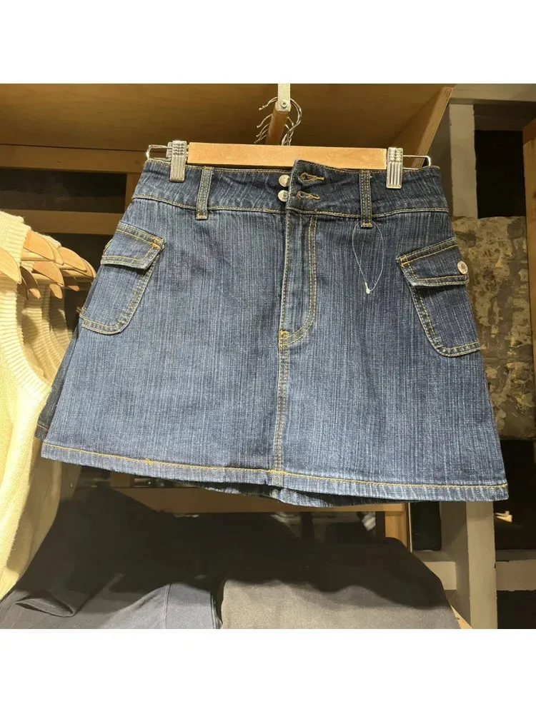 LVSANW Casual Women Fashion Blue Denim Mini Skirts 2024 Summer Vintage High Waist Side Pockets Female Bottoms Mujer