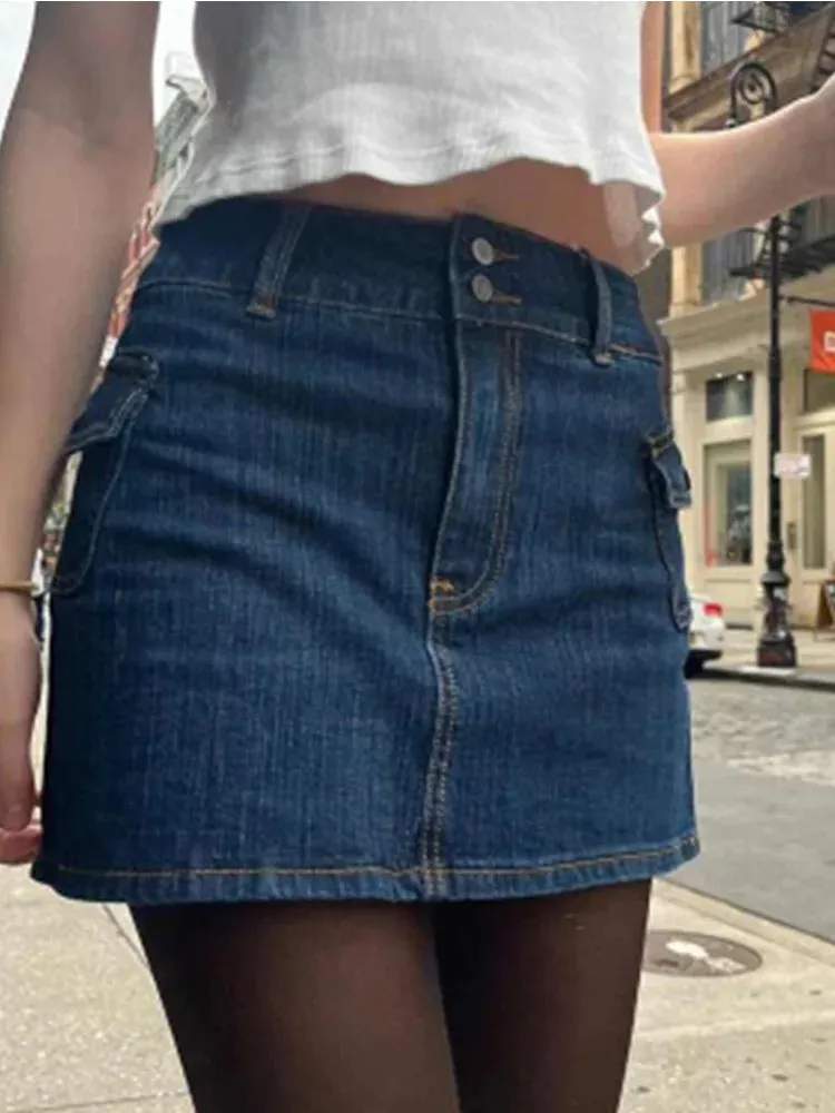 LVSANW Casual Women Fashion Blue Denim Mini Skirts 2024 Summer Vintage High Waist Side Pockets Female Bottoms Mujer