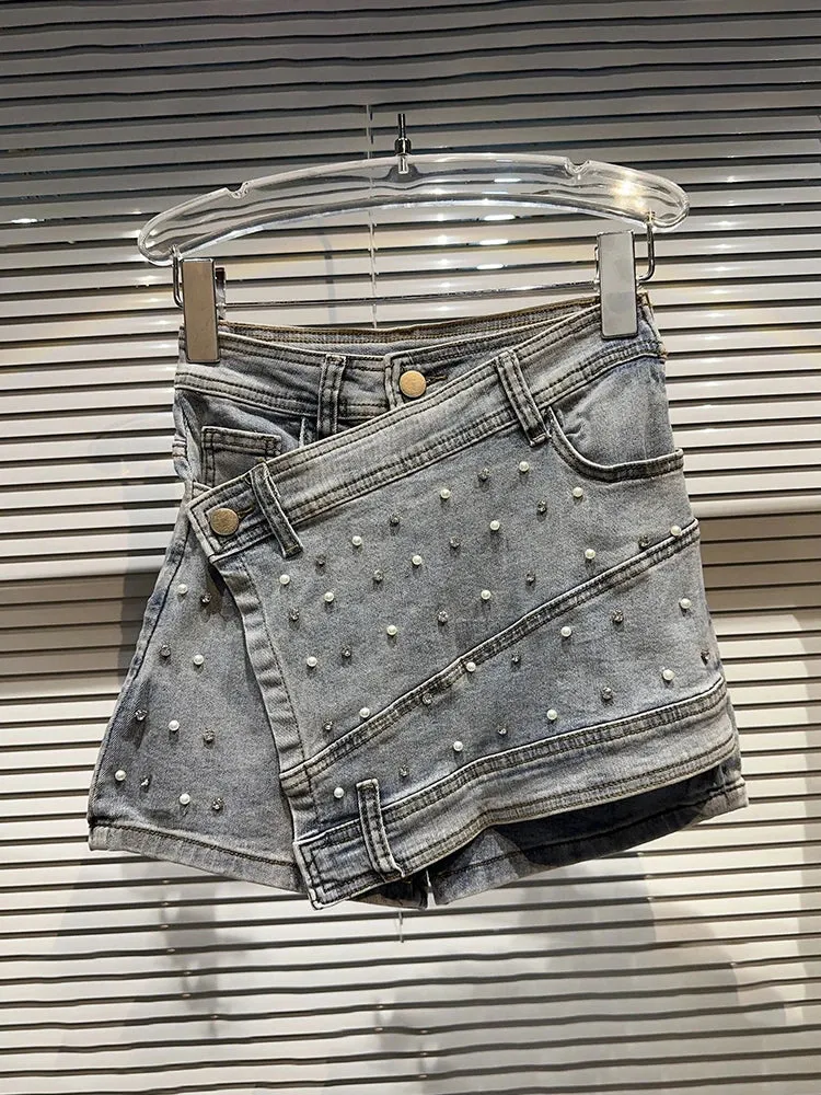 LVSANW DEAT Fashion Women's Denim Skirt New High Waist Irregular Chain Spliced Gray Above Knee Skirts Female Tide Summer 2024 17A1443