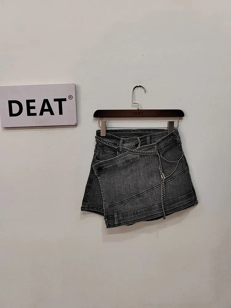 LVSANW DEAT Fashion Women's Denim Skirt New High Waist Irregular Chain Spliced Gray Above Knee Skirts Female Tide Summer 2024 17A1443