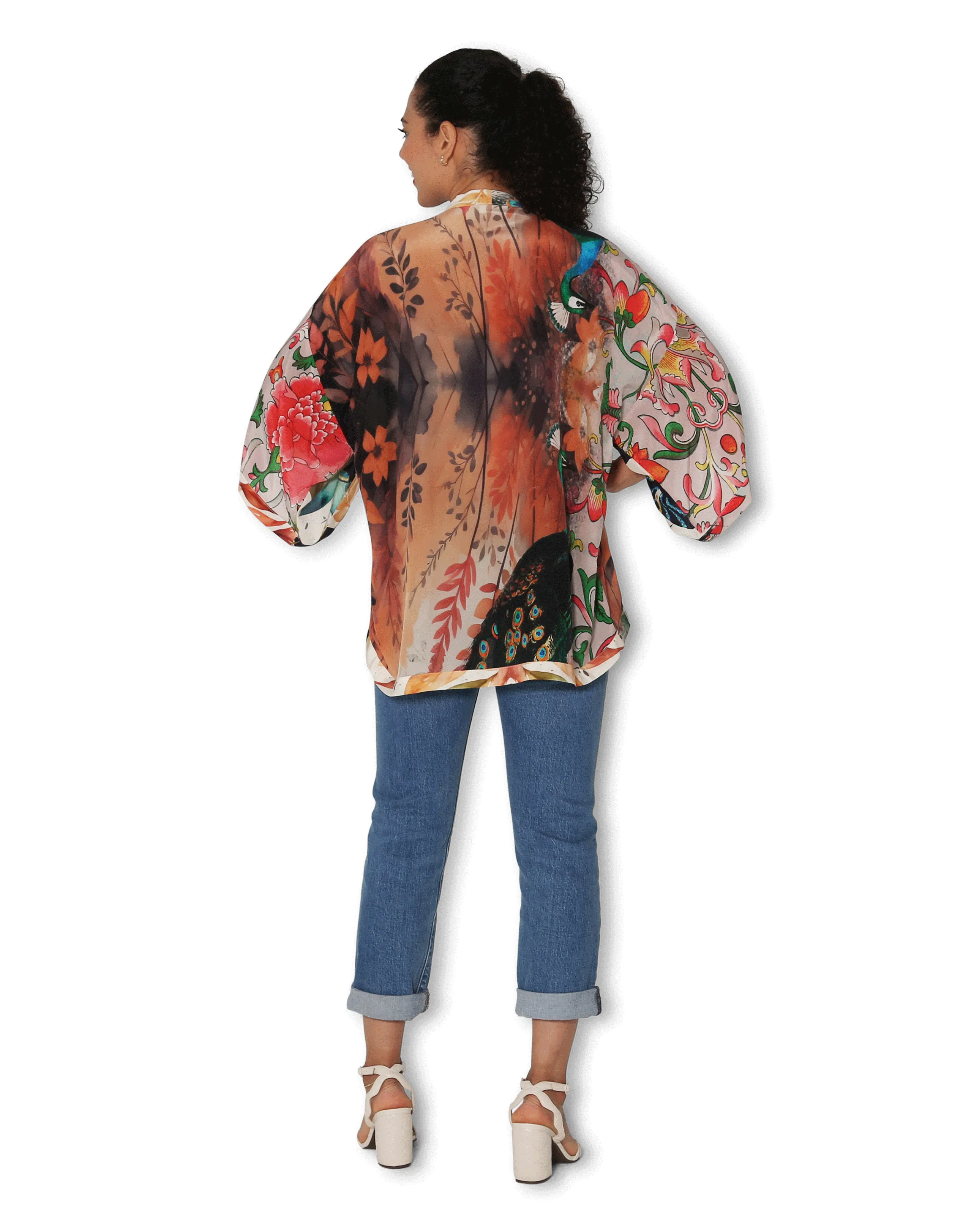 Short Silk Kimono - Splendour of a Peacock Garden