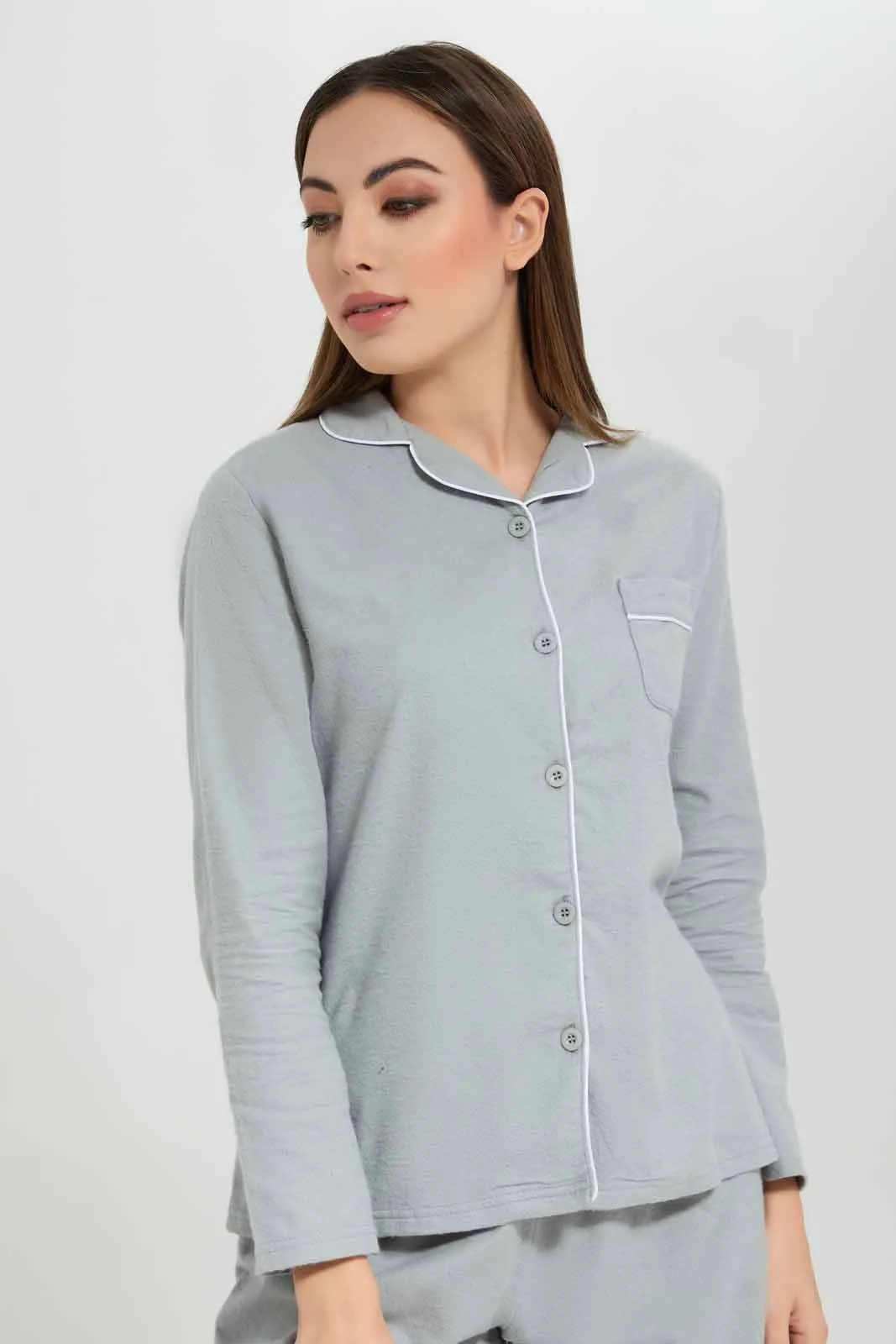 Women Grey Cotton Flannel Pyjama Set (2 Piece)