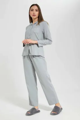 Women Grey Cotton Flannel Pyjama Set (2 Piece)