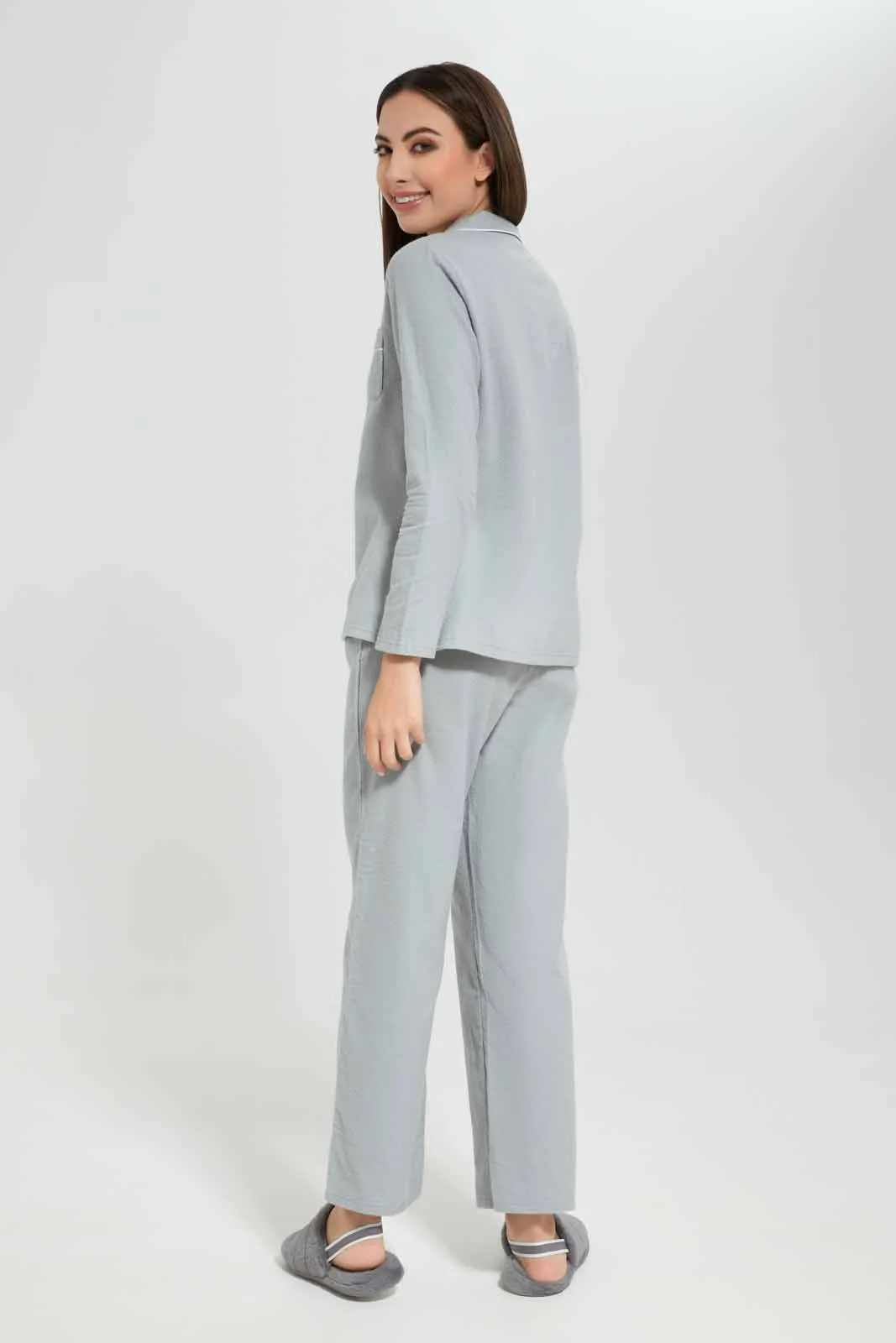 Women Grey Cotton Flannel Pyjama Set (2 Piece)