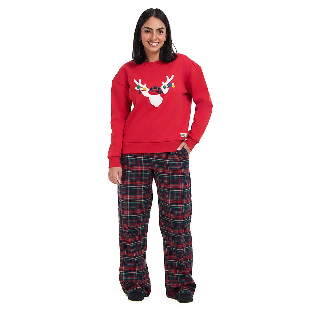 Women Winter Pajama Set Red deer Hoodie   Dark Blue x Red Checkered Pants