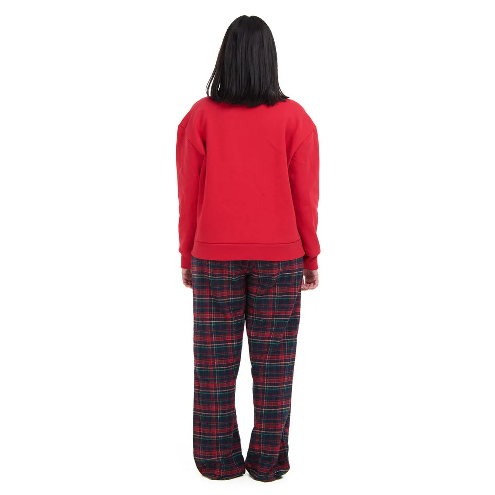 Women Winter Pajama Set Red deer Hoodie   Dark Blue x Red Checkered Pants