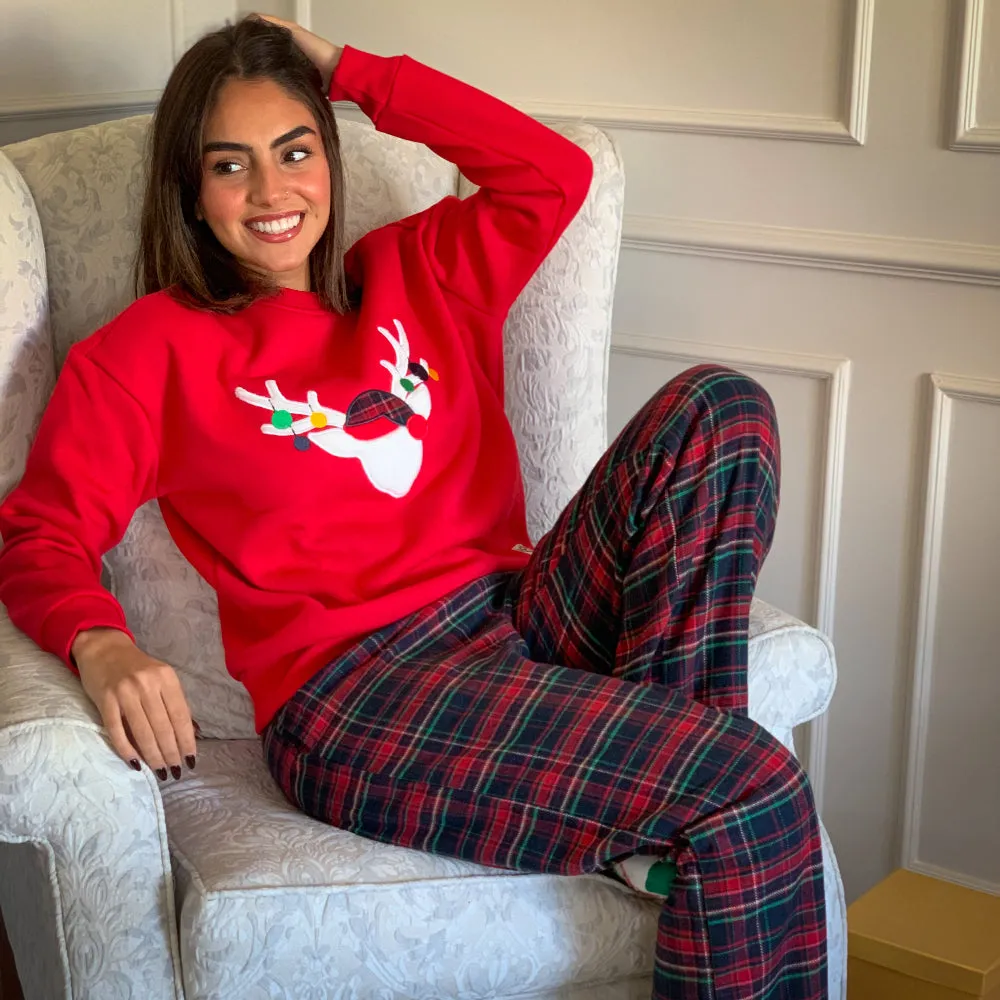 Women Winter Pajama Set Red deer Hoodie   Dark Blue x Red Checkered Pants