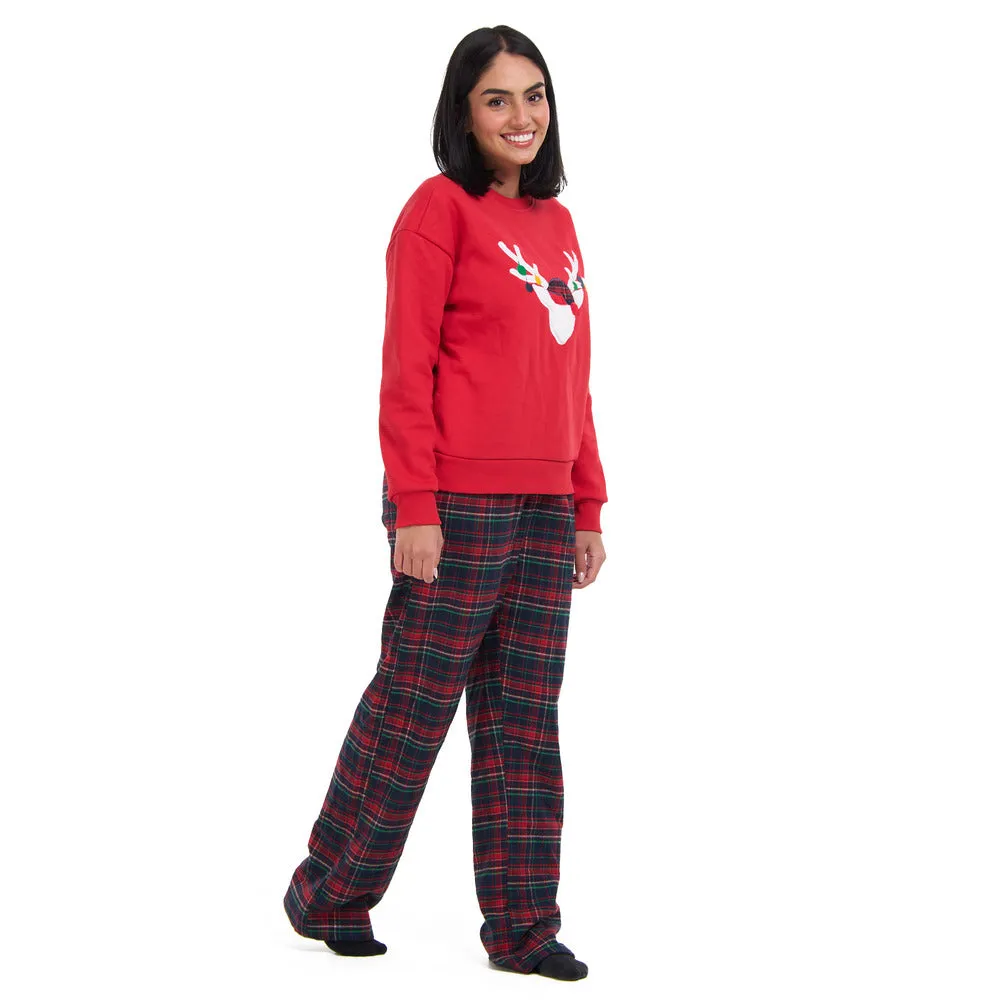 Women Winter Pajama Set Red deer Hoodie   Dark Blue x Red Checkered Pants