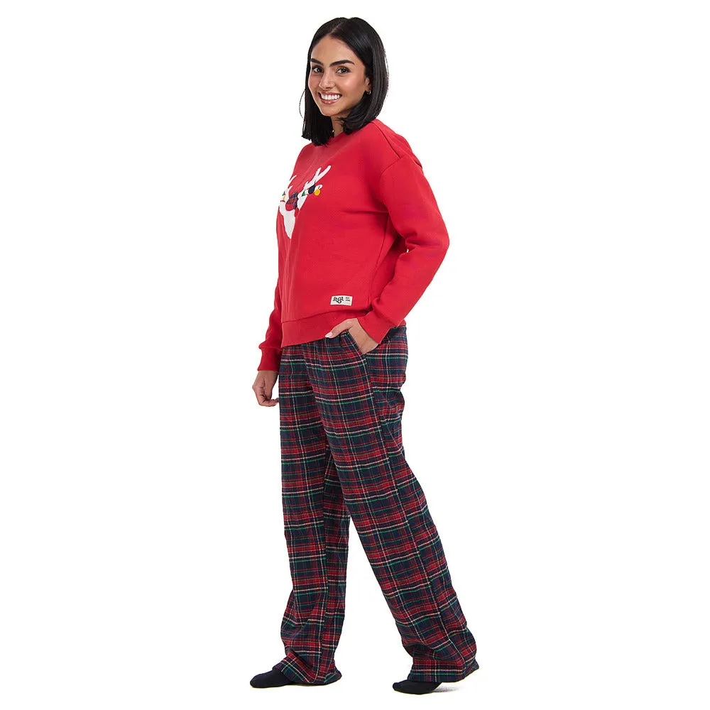 Women Winter Pajama Set Red deer Hoodie   Dark Blue x Red Checkered Pants