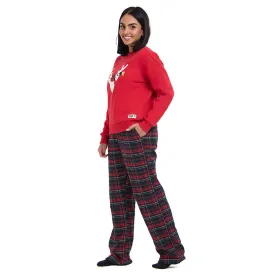 Women Winter Pajama Set Red deer Hoodie   Dark Blue x Red Checkered Pants